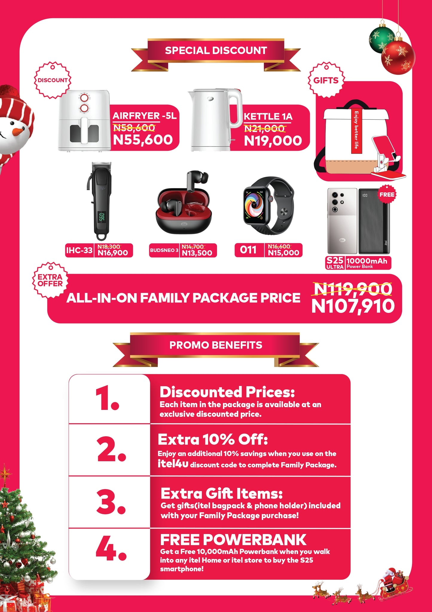 itel Family Christmas Package Air fryer-Clipper-BUDSNEO 3-KETTLE 1A-SMARTWATCH O11