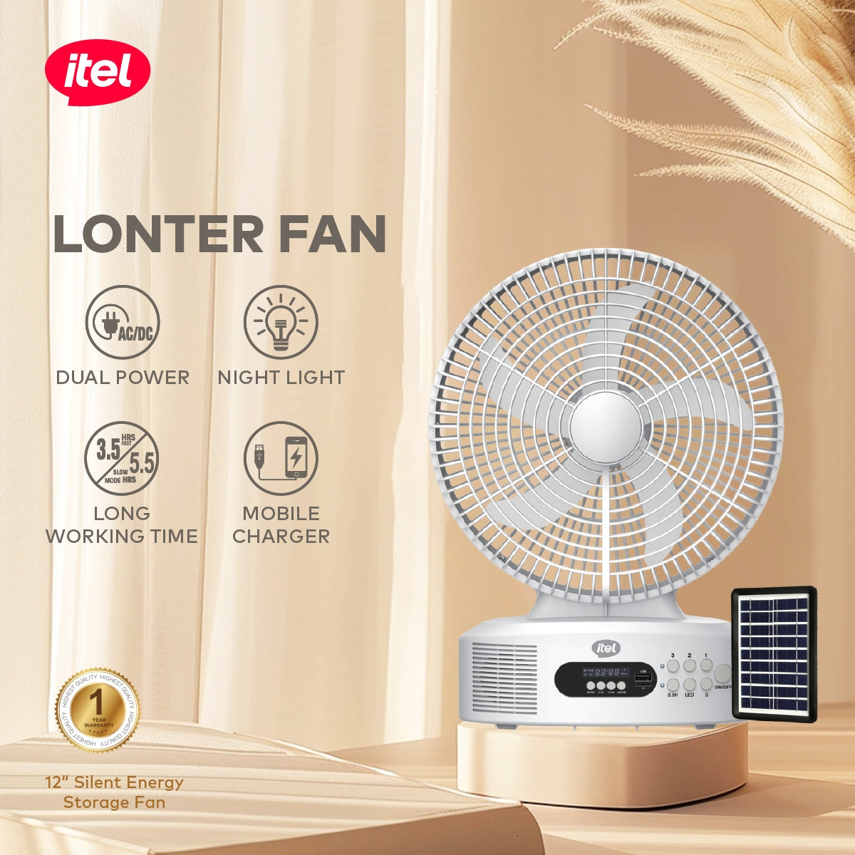 itel Vip itel Lonter Rechargable Fan with Solar Panel + Bluetooth/FM Music Player 12" M002